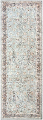 GLN Rugs Traditional Collection - Machine Washable Area Rug, Traditional Washable, Non Slip, Low Pile Chenille Rug, Living Room, Bedroom, Kitchen Rug (2'6" x 7' Light Blue)