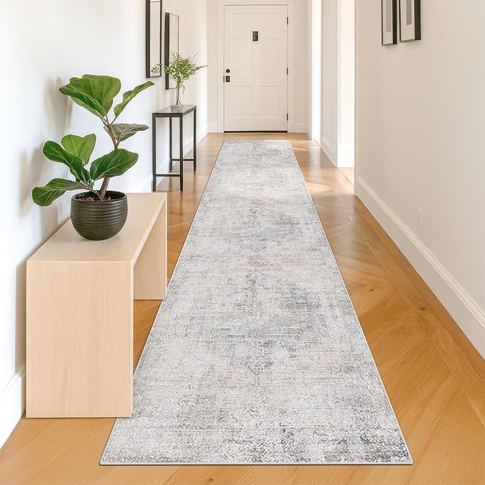 Non Slip 10ft Long Hallway Runner Rug - Blue and Gray 2 x 10 Runner Rug, Washable & Waterproof 2x10 Kitchen Floor Mat - Modern Abstract Design Décor