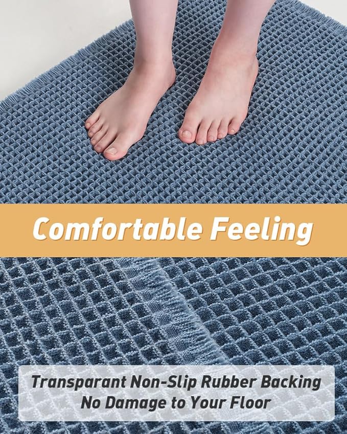 AMOAMI Upgraded Waffle Bath Mat, Super Absorbent Non Slip Bath Mats for Bathroom Floor, Machine Washable Bathroom Rugs with Tassels, Rubber Backed Bathroom Mats, Ultra Soft, 24" x 36", Blue