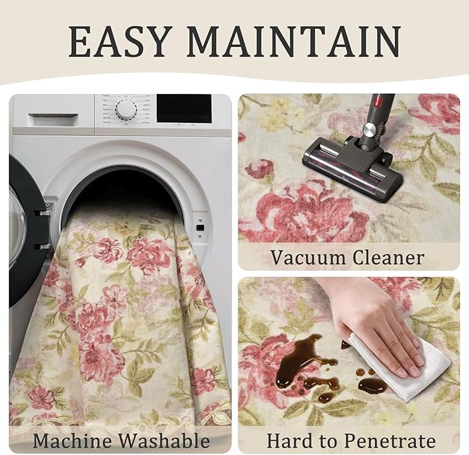 5x8 Machine Washable Area Rug for Living Room, Pink Vintage Boho Floral Rug Large Non-Slip Low Pile Soft Faux Wool Carpet, Kids and Pets Friendly for Bedroom Dining Room Farmhouse Home Decor Rug