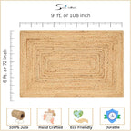 Hand Woven Farmhouse Jute Area Rug 6x9 Ft Rectuangle Natural Yarn, Rustic Vintage Beige Braided Reversible Rug, Eco Friendly Rugs for Bedroom, Kitchen, Living Room, Farmhouse 100% Jute Rug - Natural