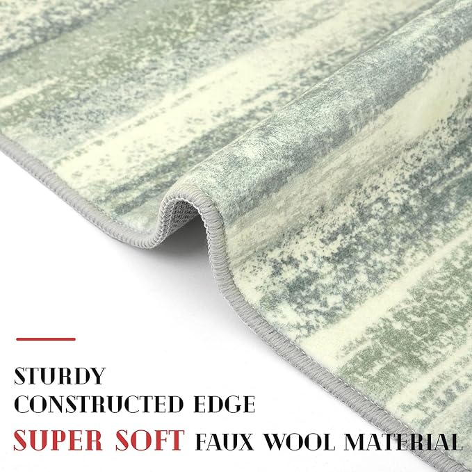 Modern Abstract Runner Rug 2x5, Sage Green Grey Washable Kitchen Runner Entryway Rug Mat Non-Slip Soft Hallway Rug Runner Thin Print Faux Wool Carpet for Bedroom Laundry Room Indoor