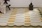 Hand-Tufted Wool Rug with Scalloped Edges, Light Blue Plaid Pattern, Cozy Soft Area Rug for Living Room, Bedroom, and Nursery, Handmade Modern Accent Rug, 3x6 Ft