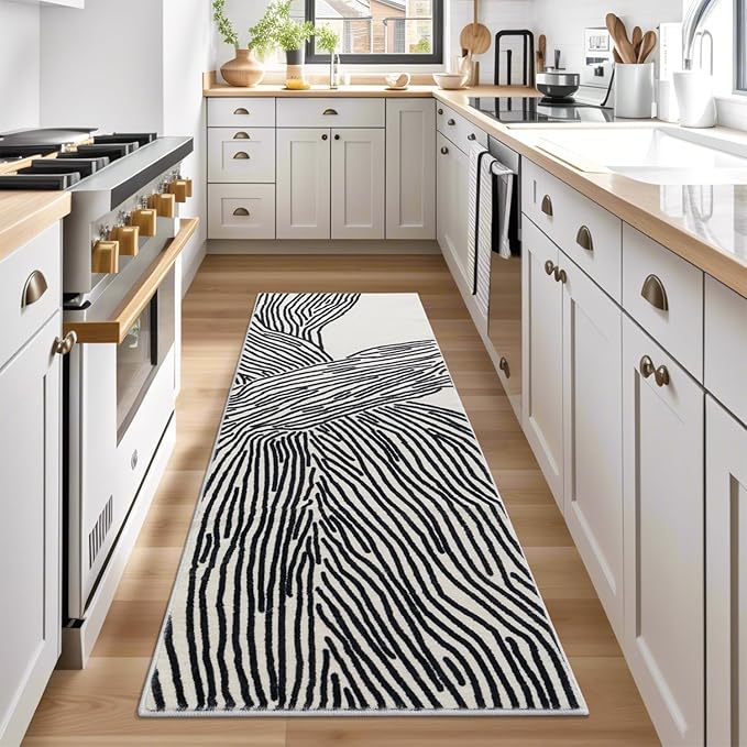 YIHOUSE Modern Hallway Runner Rug, 2x6 Runner Rugs, Black and White Rug Thin Non-Slip Washable Rugs, Soft Contemporary Striped Carpet for Entryway Indoor, Kitchen, Laundry, Bedroom