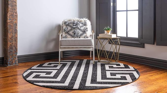 Unique Loom Athens Collection Classic Geometric Modern Border Design Area Rug (6' 0 x 6' 0 Round, Black/ Beige)