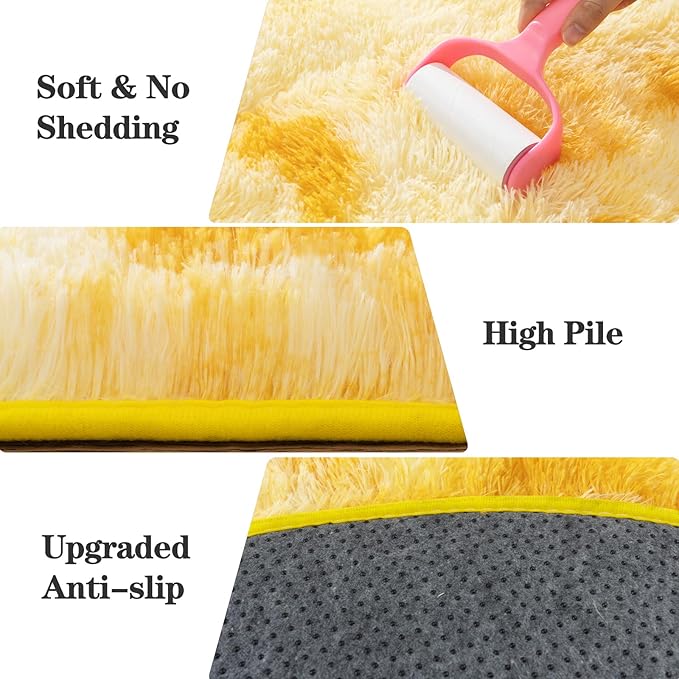 Soft Fluffy Area Rug for Bedroom, Fuzzy Shaggy Oval Throw Rugs for Bedside, Non-Slip Cozy Plush Shag Carpet for Kids Room Nursery Dorm Living Room, Tie Dye Yellow, 2.6 x 5.3 Feet, 2 Packs