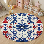 Vintage Blue Flowers Washable Round Rugs Oriental Tribal Floral Circle Rugs for Living Room Entryway Round Area Rug Soft Non Slip Nursery Carpet for Bedroom Dining Coffee Table 7ft