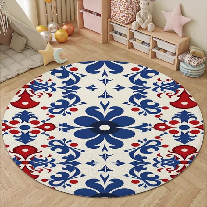 Vintage Blue Flowers Washable Round Rugs Oriental Tribal Floral Circle Rugs for Living Room Entryway Round Area Rug Soft Non Slip Nursery Carpet for Bedroom Dining Coffee Table 3ft
