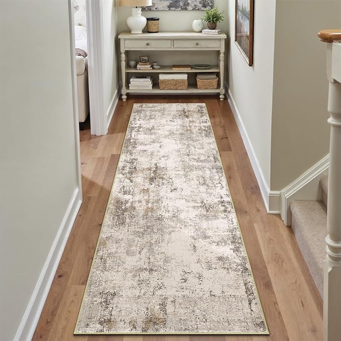 2x7 Washable Runner Rug Brown Grey Abstract Hallway Kitchen Throw Rug Neutral Modern Non Slip Soft Low Pile Carpet for Bathroom Laundry Bedroom Living Room