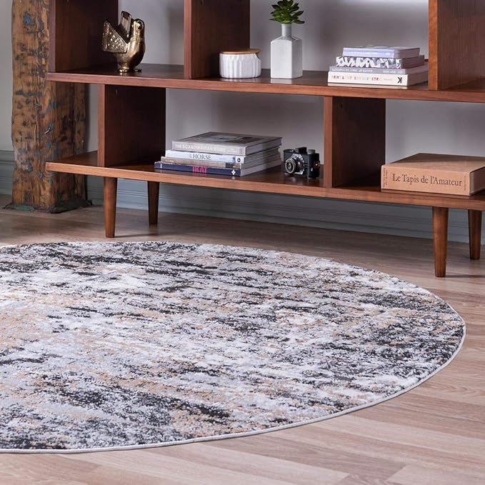 Rugs.com Leipzig Collection Round Rug – 3 Ft Round Beige Low-Pile Rug Perfect for Kitchens, Dining Rooms