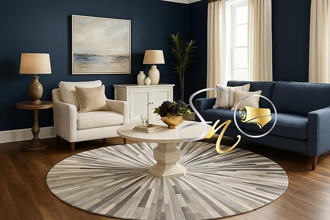 Faux Cowhide Round Area Rug | Non-Slip Leather Floor Carpet for Living Room, Bedroom, and Home Décor | Modern Stylish Accent Rug(Grey_4x4)