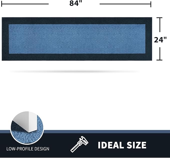 PURRUGS Dirt Trapping Door Mat 24" x 84", Non-Slip/Skid Machine Washable Entryway Rug, Shoes Scraper, Throw Rug, Super Absorbent Area Rug for Muddy Wet Shoes and Paws, Light Blue & Navy