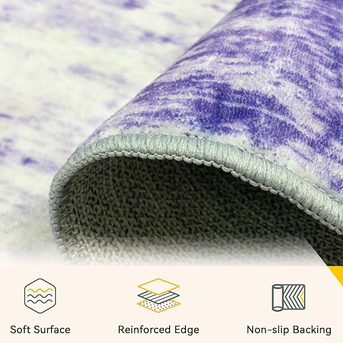 Washable Area Rugs 2'x6' Non-Slip Modern Abstract Soft for Living Room Entryway Bedroom Nursery, Print Pattern, Purple Gray Pink White