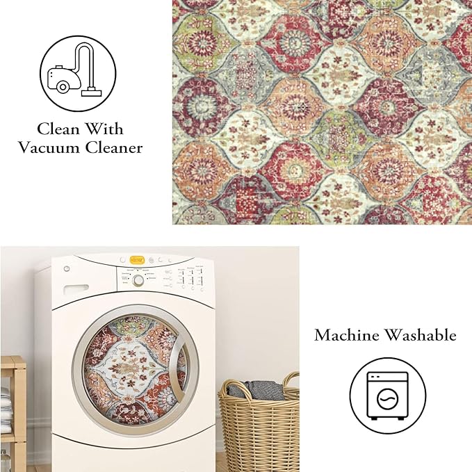 Lahome Moroccan Trellis Washable Small Area Rug, 3x5 Black Rug for Bedroom Living Room, Non-Slip Oriental Accent Throw Carpet for Kitchen Office Entryway Bathroom Office, Orange/Terracotta