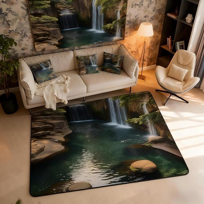 Waterfall 3 x 5 Area Rug Lake Cascade Scenery Rugs for Living Room | Chic Nature Art Mountain Rock Washable Rug, Sault Landscape Carpet Indoor Floor Mat