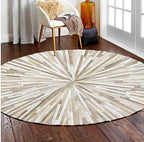 Round Faux Cowhide Area Rug 3×3 ft – Modern Non-Slip Leather Accent Carpet for Living Room, Bedroom, Kids Playroom & Home Decor, Beige