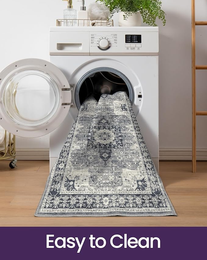 DEXI Hallway Runner Rug 3x12, Distressed Non Slip Runners Carpet, Boho Vintage Soft Thin Indoor Rug, Stain Resistant Washable Entry Mat for Entryway Kitchen Laundry Room Living Room, Blue Grey