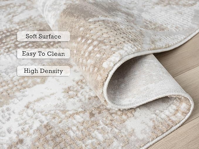 Adel Modern Area Rug for Living Room, 4x6 Rustic Distressed Abstract Beige Neutral Rug, Medium Pile Stain Resistant Carpet for Bedroom, Dining Room or Kitchen (4' x 6', Beige)