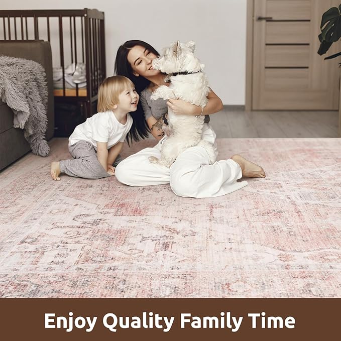 AMOAMI-Area Rug 6X9 Rugs for Living Room-Vintage Soft Pink Rugs for Bedroom-Non Slip Carpet-Machine Washable Rug for Dining Room Living Room Bedroom Office Under Table