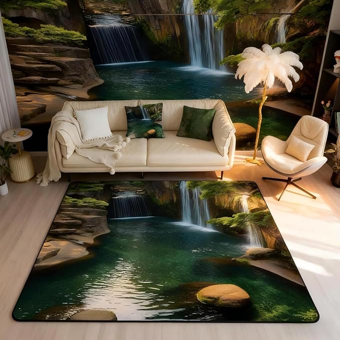 Waterfall Large Area Rug 5x7 Lake Cascade Scenery Living Room Rug | Chic Nature Art Mountain Rock Rugs for Bedroom, Sault Landscape Carpet Indoor Floor Mat