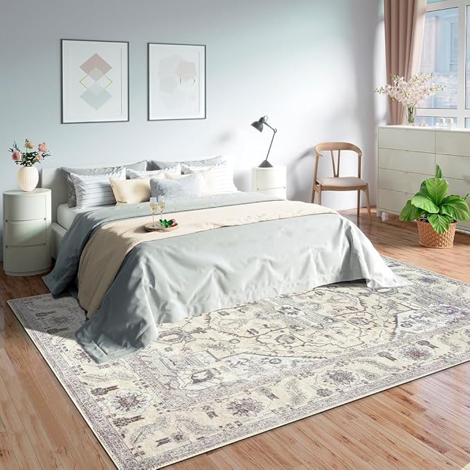 GLN Rugs Traditional Collection - Machine Washable Area Rug, Traditional Washable, Non Slip, Low Pile Chenille Rug, Living Room, Bedroom, Kitchen Rug (8' x 10' Cream/Gray)