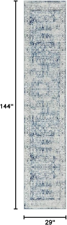 Morebes Vintage Hallway Runners 12 Ft Non Slip, Washable Blue Hall Runner Rugs, Super Soft Distressed Extra Long Floor Carpet for Kitchen Entryway Living Room Dining Farmhouse