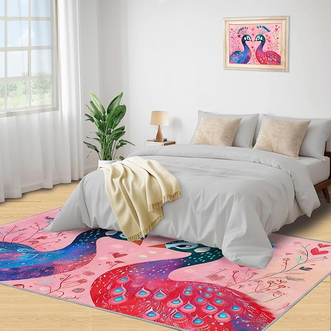 Cartoon Peacock Rug Small - 3x5 Rug, Colorful Peacock Washable Rugs for Living Room, Floral Botanical Carpet, Boho Non-Slip Area Rugs for Bedroom, Peafowl Carpet - Peafowl Home Decor & Gifts