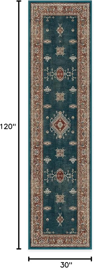 RUGGABLE Washable Vintage Runner Rug – Verena Teal Blue 2.5x10, Stain-Resistant, Non-Slip Hallway Runner – Machine Washable Rug for Hallway, Entryway, Living Room & Kitchen–with Cushioned Pad