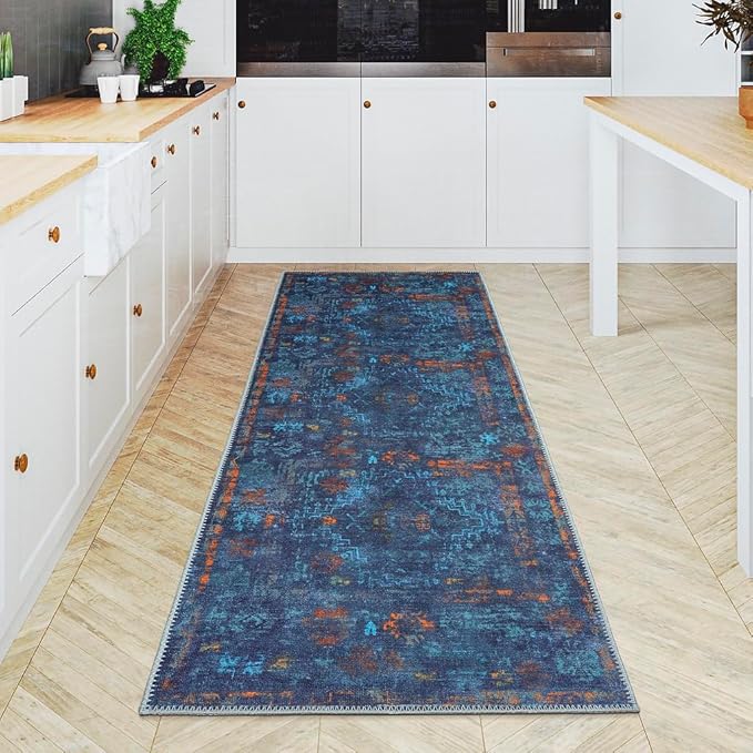GLN Rugs Contemporary Collection - Machine Washable Area Rug, Contemporary Washable, Non Slip, Low Pile Chenille Rug, Living Room, Bedroom, Kitchen Rug (2'6" x 7' Midnight/Multi)