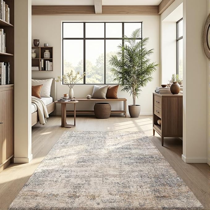 Area Rug 8x10 Washable Rug Grey and Beige for Living Room, Dining Room, Bedroom, Large Carpets, Non Slip & Non-Shedding Low Pile Vintage Print Rug for Home Office Decor