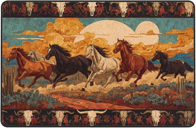 Horse Western Boho Ethnic Style Area Rug Washable Outdoor Rugs Anti-Slip Soft Carpet Entryway Indoor Door Mat for Bedroom,Living Room,Porch,Terrace and Entrance Decor 5'x 4'