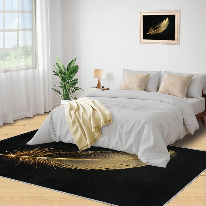 Golden Feathers Rugs for Bedroom - 2x3 Area Rug - Black Gold Feathers Rugs for Living Room, Modern Minimalist Art Rug, Washable Home Decor Carpet