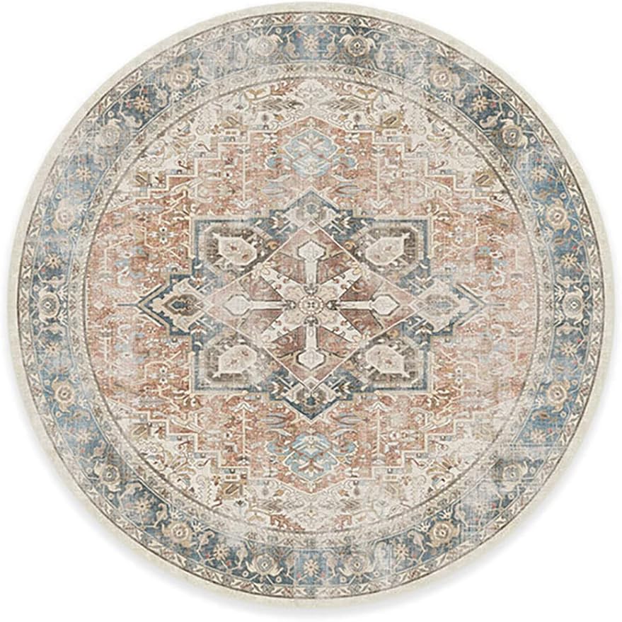 RUGGABLE Washable Vintage Area Rug – Kamran Coral 8 ft Round, Stain-Resistant, Non-Slip – Large Machine Washable Rugs for Living Room, Bedroom, Hallway, Entryway & Office–with Cushioned Pad