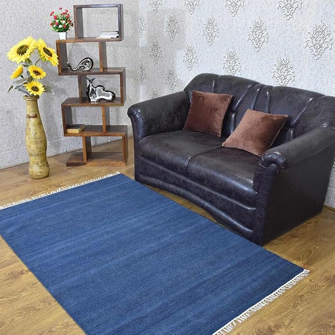 Rugsotic Carpets Hand Woven Flat Weave Kilim Wool ECO-Friendly Area Rugs - 10'x13', Rectangle Shape, Blue Color, Solid Plain Design, Low Pile Handmade Rugs for Living Room, Bed Room (D00111)