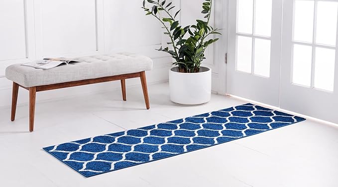 Rugs.com Lattice Frieze Collection Rug – 2' x 10' Runner Navy Blue Medium Rug Perfect for Living Rooms, Large Dining Rooms, Open Floorplans