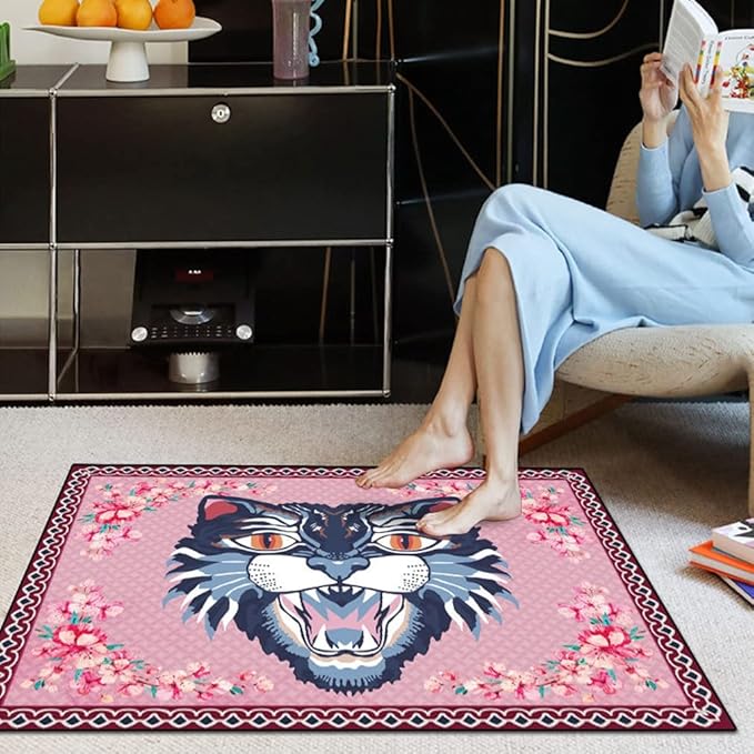 Cartoon Animal Pattern Area Rug Cute Cat Luxury Floral Decor for Carpet Farmhouse Bedroom Living Room Rugs Bathroom Kitchen Runner Mat Indoor Outdoor Non Slip Doormat 5.2' X 7.5'