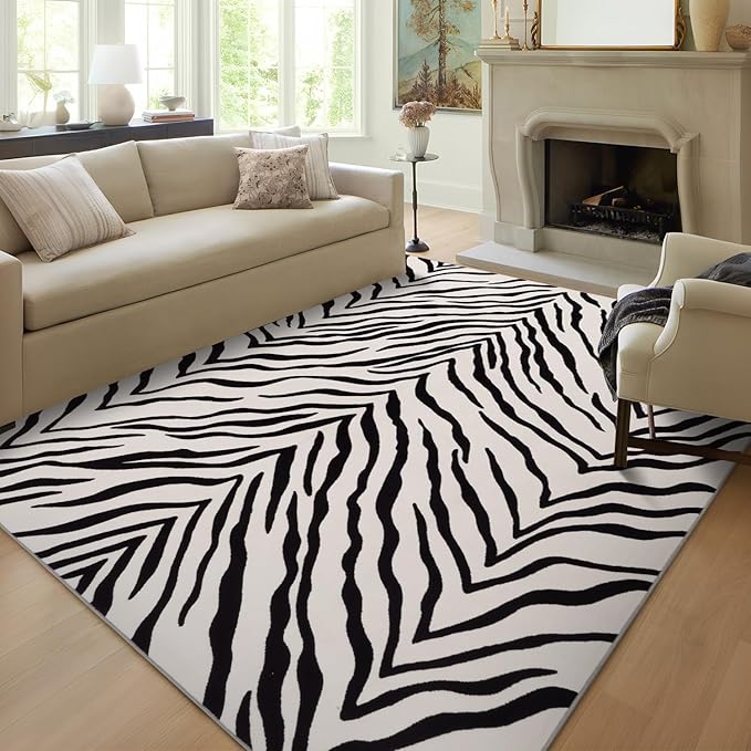 YIHOUSE Tiger Washable Area Rugs 8'x10', Black and Beige Modern Rug for Living Room, Bedroom, Ultra Thin Animal Stripe Print Rug for Girls Boys Nursery, Playroom, Dorm Room