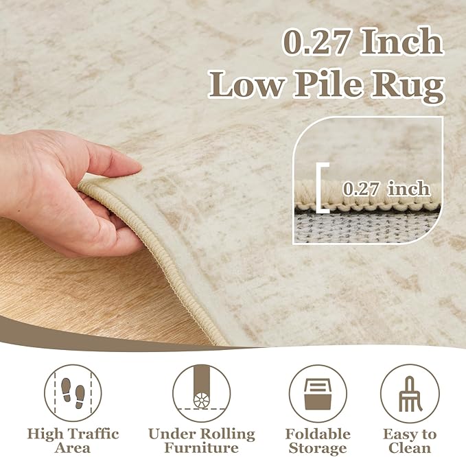 Beige Distressed Washable Area Rugs 9x12 Living Room, Farmhouse Medallion Printed Big Carpet Rugs for Bedroom, Washable Non Slip Low Pile Thin Rugs for Dining Room Home Office Natural Color