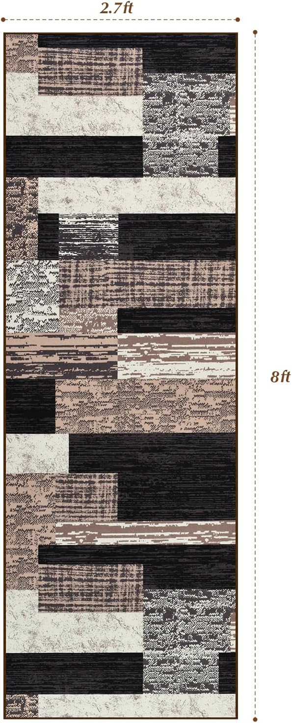 Indoor Runner Rug, Washable Runner Rug with Rubber Backing, Modern Geometric Patchwork Aesthetic Carpet for Bedroom, Living Room, Hallway, Entryway, Washable Rugs Rockwood Collection,2.7x8Ft Chocolate