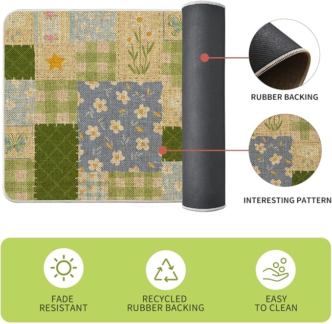 Artoid Mode Check Pattern Flowers Floral Spring Kitchen Mats Set of 2, Home Decor Low-Profile Kitchen Rugs for Floor - 17x29 and 17x47 Inch