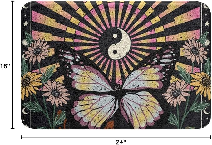 Erosebridal Boho Butterfly Bath Mat Hippie Yin and Yang Non Slip Bath Rugs Rainbow Geometric Striped Cozy Bathroom Rug 16x24 Bohemian Swirl Spiral Bathroom Accessories Minimalism Mountain Bedroom Rug