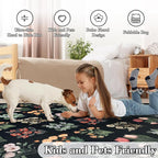 Wonnitar Floral Print Rug for Living Room, Black Washable 5x7 Area Rugs, Ultra-Thin Non Slip Stain Resistant Bedroom Carpet for Dining Room Playroom Office Dorm, Black/Multi