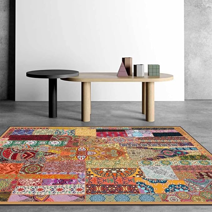 Vintage Boho Area Rugs Multicolor Ethnic Style Geometric Splicing Carpets Bedroom Living Room Kitchen Floor Mats Indoor Outdoor Non-Shedding Runner Rug Home Décor Carpet 2' X 3'