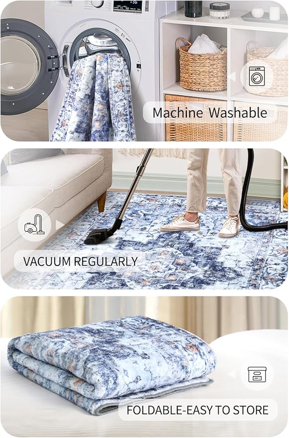 COMSLE 4x6 Rugs for Living Room Washable Area Rugs for Bedroom Faux Wool Distressed Throw Rugs Absorbent Non-Slip Floor Carpet for Indoor Kitchen Laundry Room Blue