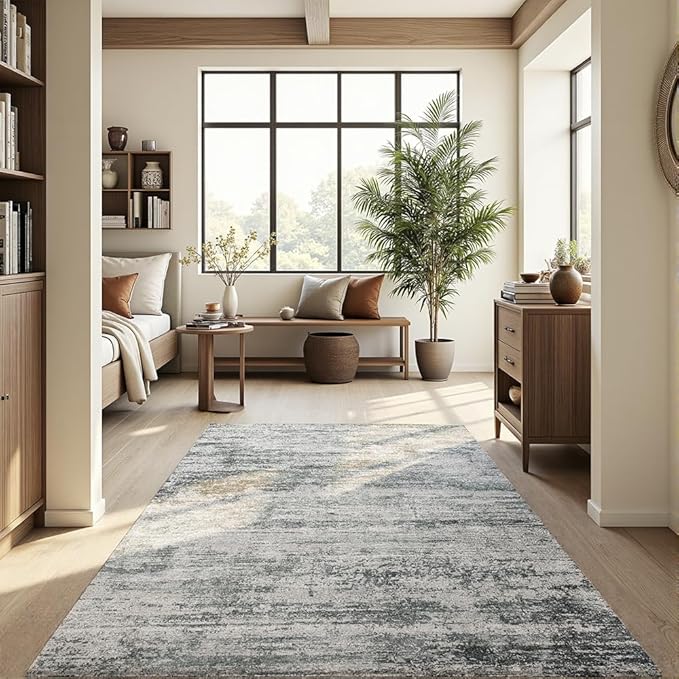 Area Rug 6x9 Washable Rug Grey for Living Room, Dining Room, Bedroom, Large Carpets, Non Slip & Non-Shedding Low Pile Vintage Print Rug for Home Office Decor