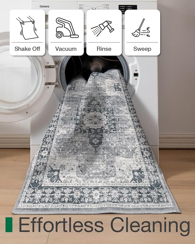 LUMI Runner Rug 3x10, Washable Non-Slip Hallway Throw Rugs, Long Soft Thin Vintage Oriental Kitchen Mats, Low-Pile Indoor Kitchen Entryway Area Rug, Dusty Blue