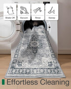 LUMI Runner Rug 3x10, Washable Non-Slip Hallway Throw Rugs, Long Soft Thin Vintage Oriental Kitchen Mats, Low-Pile Indoor Kitchen Entryway Area Rug, Dusty Blue
