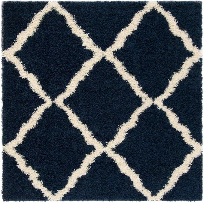 SAFAVIEH Dallas Shag Collection Area Rug - 8' Square, Navy & Ivory, Trellis Design, Non-Shedding & Easy Care, 1.5-inch Thick Ideal for High Traffic Areas in Living Room, Bedroom (SGD257N)