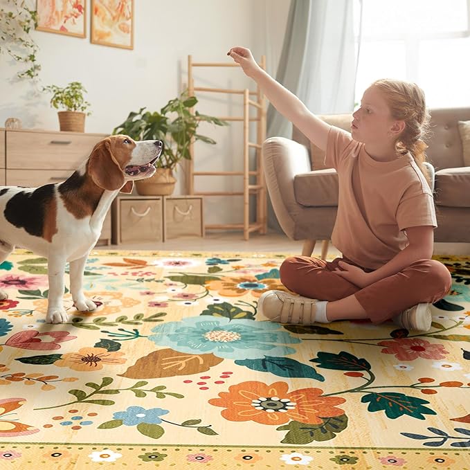 Floral 4ft Area Rug Machine Washable Soft Print Boho Carpet Non Slip Doormat Low Pile Flower Area Rugs for Living Room Bedroom Nursery Kitchen Dining Room Indoor-Ivory/Yellow