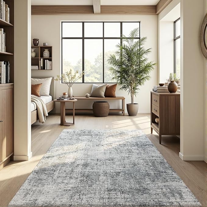 Area Rug 4x6 Washable Rug Light Grey for Living Room, Dining Room, Bedroom, Large Carpets, Non Slip & Non-Shedding Low Pile Vintage Print Rug for Home Office Decor